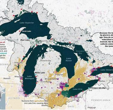 Mapa przedstawiająca źródła zanieczyszczeń Wielkich Jezior w USA