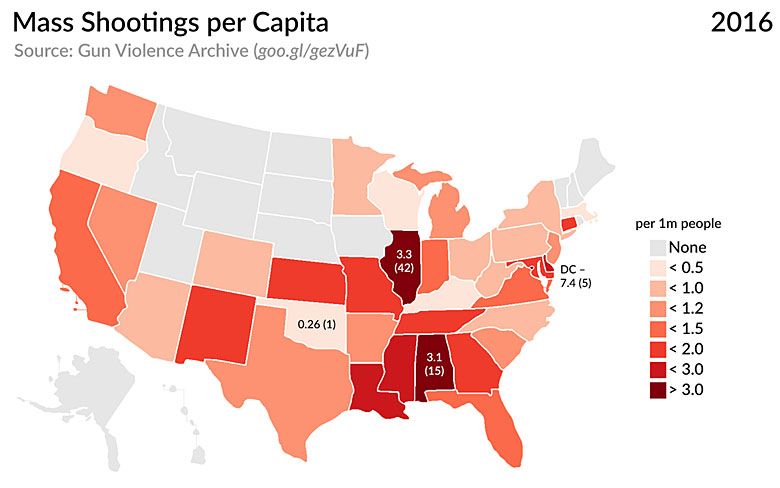 Strzelaniny w USA na milion mieszkańców, 2016