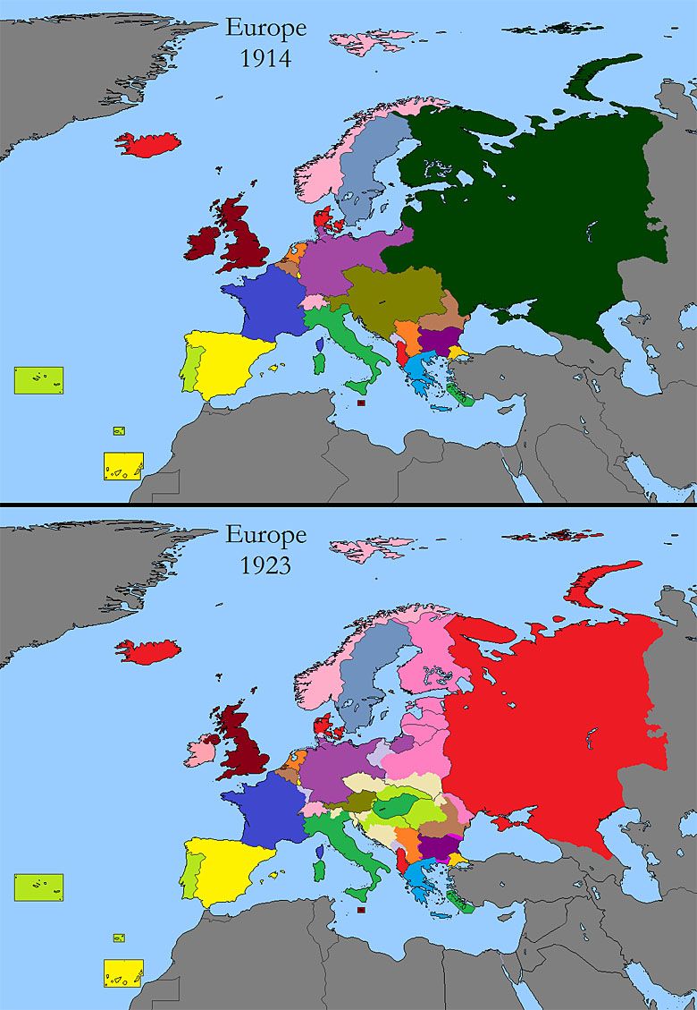 Zmiana granic w Europie z przed I wojny światowej i kilka lat po niej.