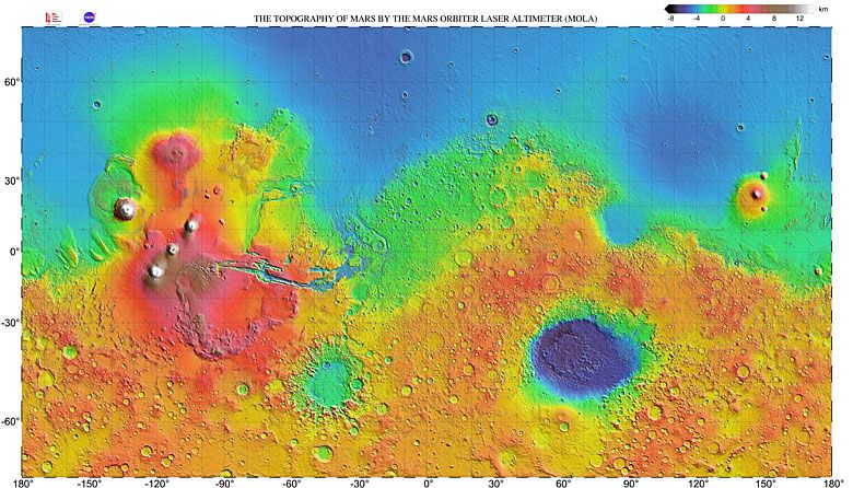 Mapa topograficzna Marsa wykonana za pomocą wysokościomierza laserowego - Mars Orbiter Laser Altimeter (MOLA)