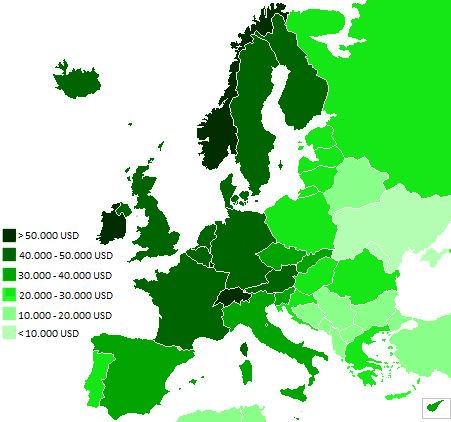 PKB na głowę w poszczególnych państwach Europy