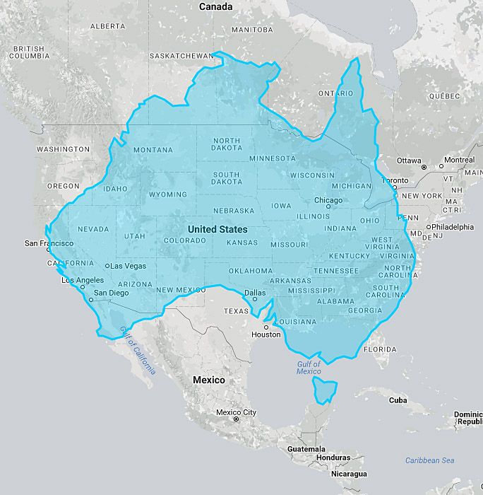 Obszar Australii nałożony na obszar USA