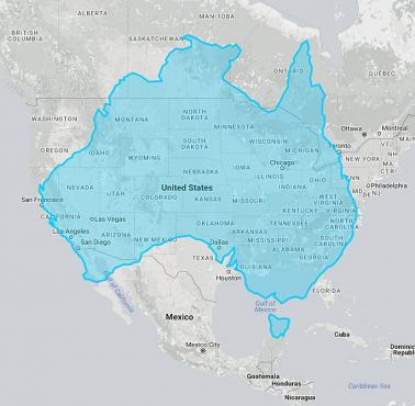 Obszar Australii nałożony na obszar USA