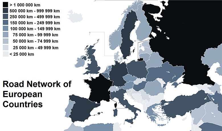 Kraje z najdłuższymi sieciami drogowymi w Europie