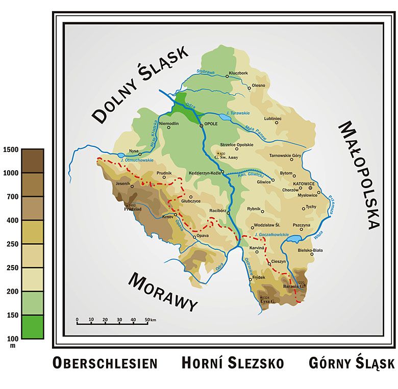 Mapa fizyczna Górnego Śląska