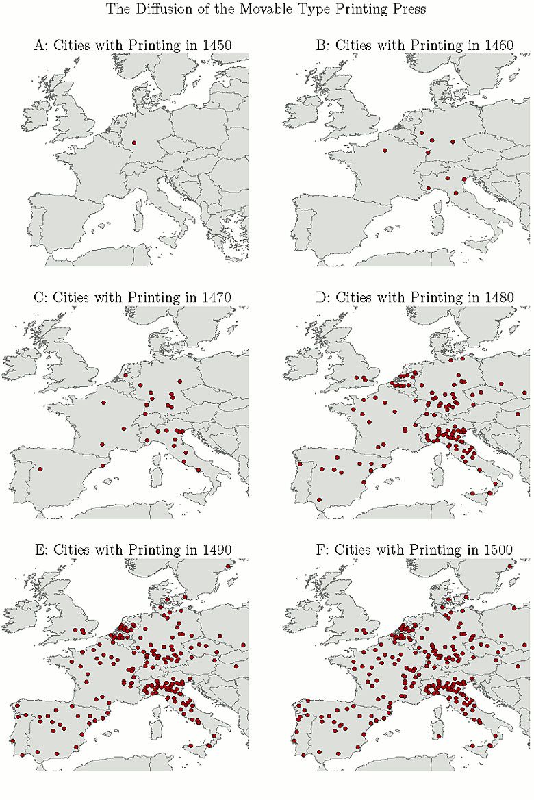 Miejsca w Europie w latach 1450-1500, w których działały drukarnie.
