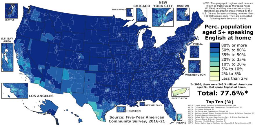Odsetek ludności anglojęzycznej w USA z podziałem na hrabstwa, 2016