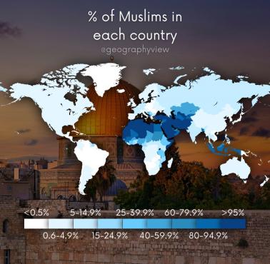 Procent muzułmanów w poszczególnych państwach świata