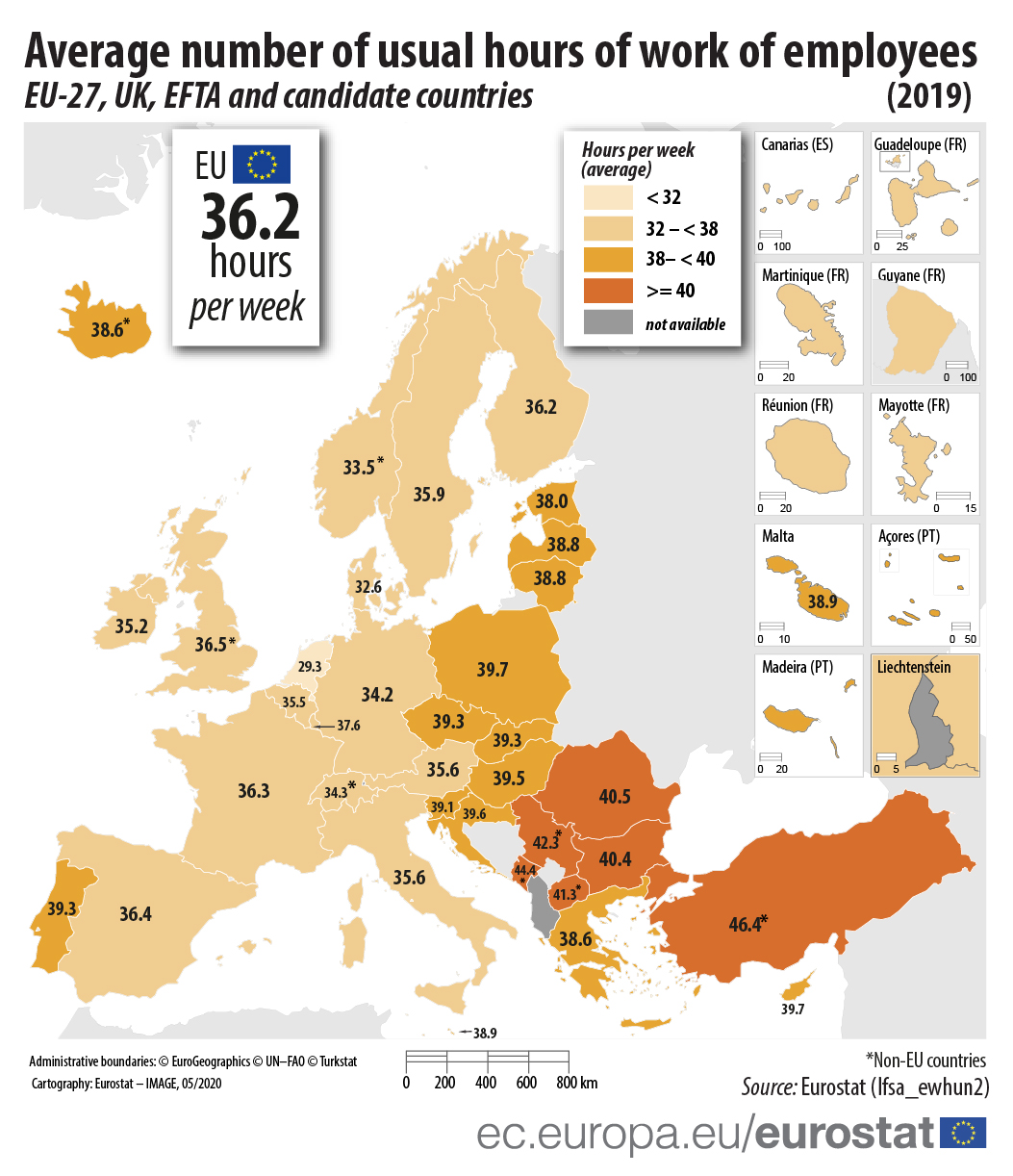 Ile godzin w tygodniu pracuje średnio mieszkaniec danego kraju w Europie, 2019