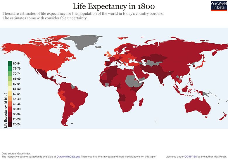 Spodziewana długość życia na świecie w 1800 roku