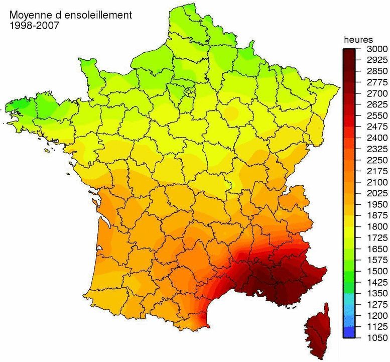 Średnia liczba godzin słonecznych w ciągu roku we Francji w latach 1998-2007