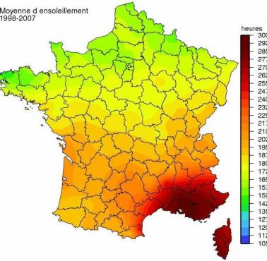 Średnia liczba godzin słonecznych w ciągu roku we Francji w latach 1998-2007