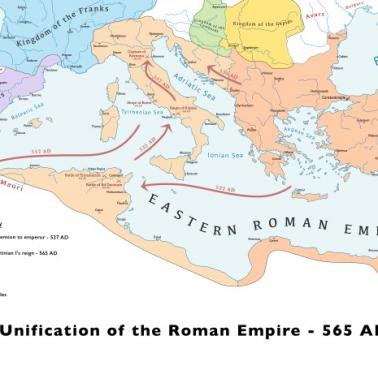 Zasięg Cesarstwa Wschodniorzymskiego (Cesarstwo Bizantyńskie) w czasach Justyniana I, 565 rok n.e.