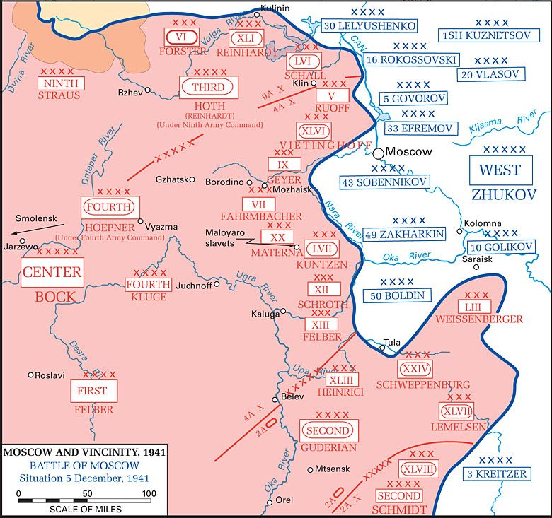 Bitwa o Moskwę, najdalszy zasięg wojsk niemieckich pod Moskwą (sytuacja z 5 grudnia 1941 roku).