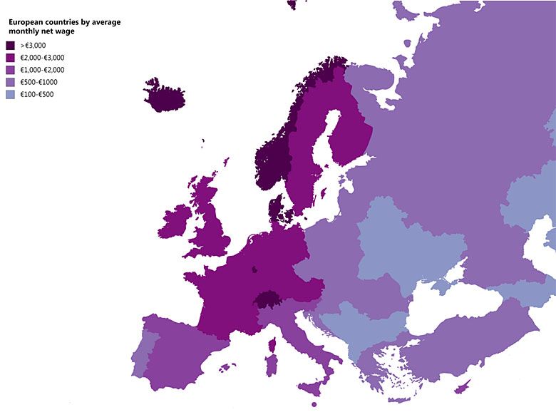 Kraje europejskie według średniej miesięcznej płacy netto.