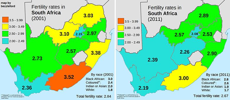 Współczynniki płodności w Republice Południowej Afryki w latach 2001 i 2011