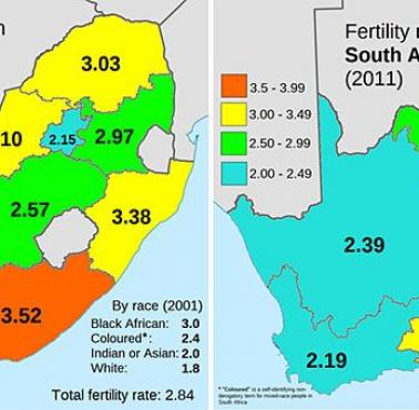 Współczynniki płodności w Republice Południowej Afryki w latach 2001 i 2011