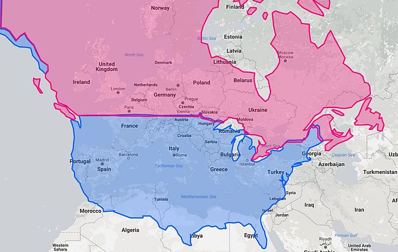 Obszar USA i Kanady naniesiony na mapę Europy