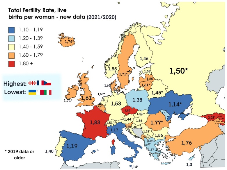 Wskaźniki płodności kobiet w Europie, 2020-2021