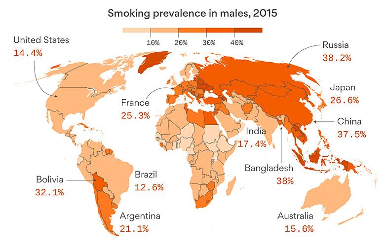 Rozpowszechnienie palenia wśród mężczyzn na świecie (dane 2015)