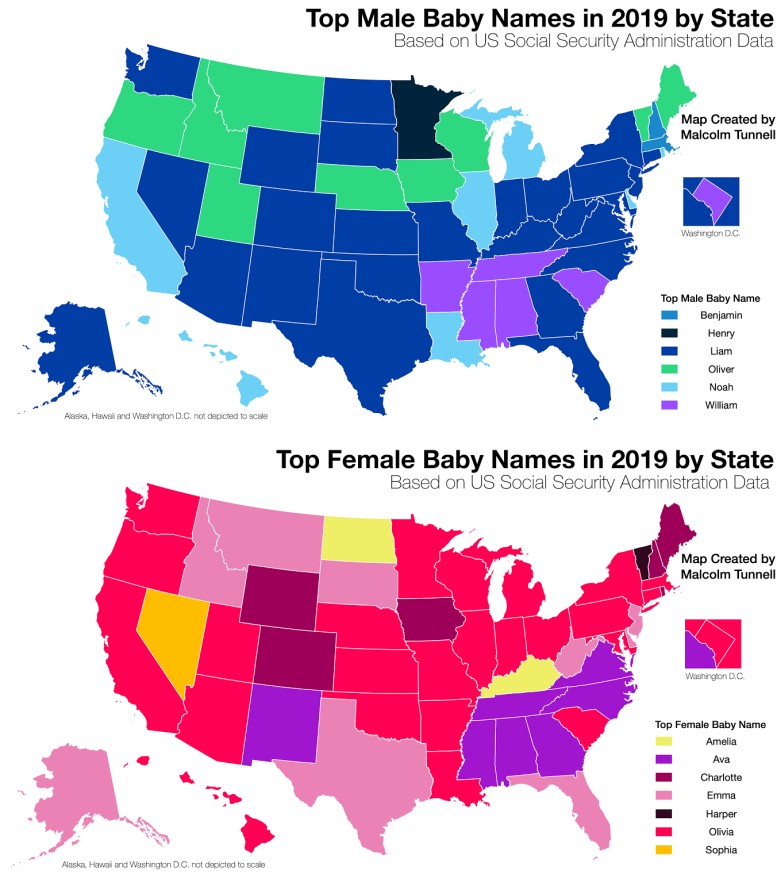 Najpopularniejsze imiona dzieci w poszczególnych stanach USA, 2019