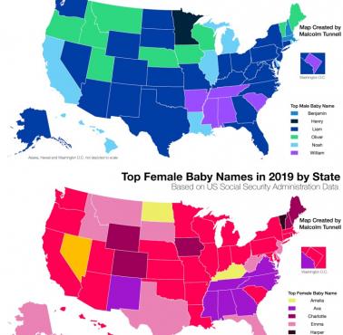 Najpopularniejsze imiona dzieci w poszczególnych stanach USA, 2019