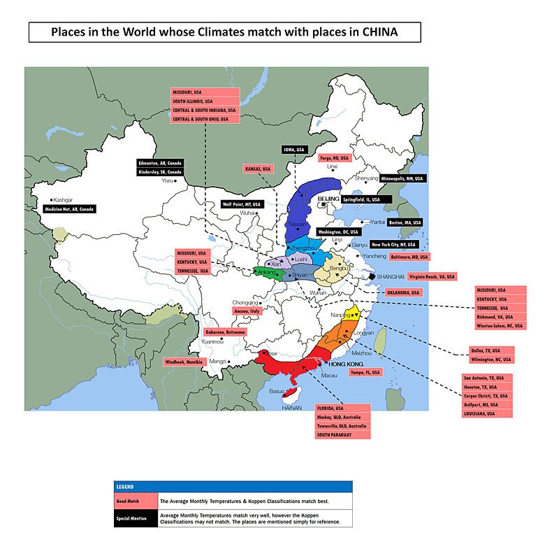 Klimat Chin w odniesieniu do klimatu innych miejsc na świecie