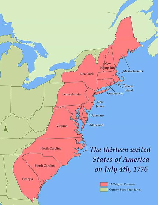 Mapa USA z 1776 roku, 13 zjednoczonych stanów Ameryki z 4 lipca 1776 r.