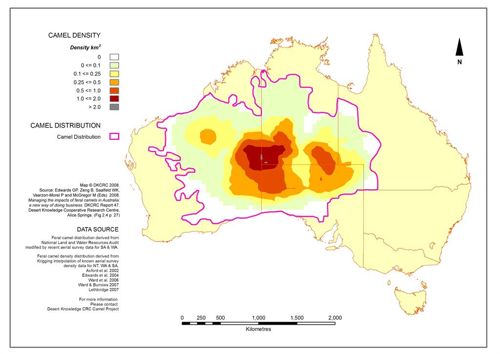 Liczba i zasięg wielbłądów w Australii na km2