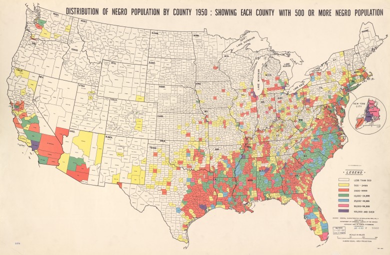 Procent afroamerykanów w poszczególnych dystryktach USA, 1950