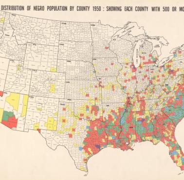 Procent afroamerykanów w poszczególnych dystryktach USA, 1950