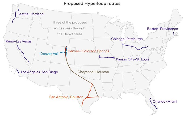 Mapa planowanych Hyperloopów w USA