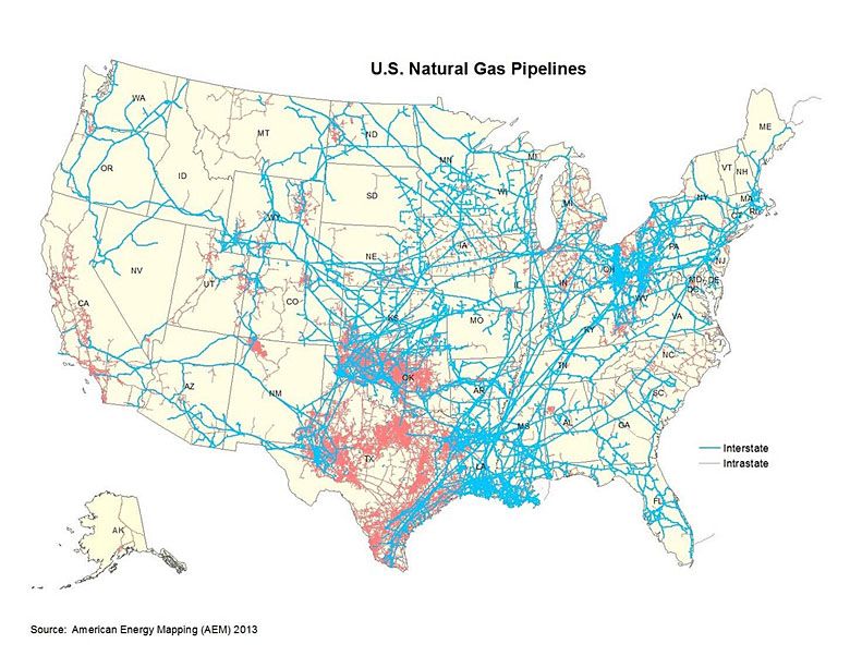 Mapa istniejących gazociągów gazowych w USA