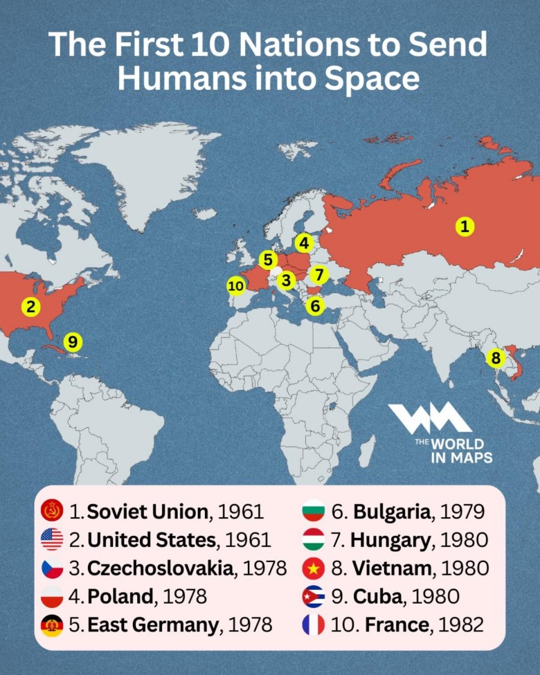Top10 pierwszych krajów, które wysłały ludzi w kosmos, od 1961