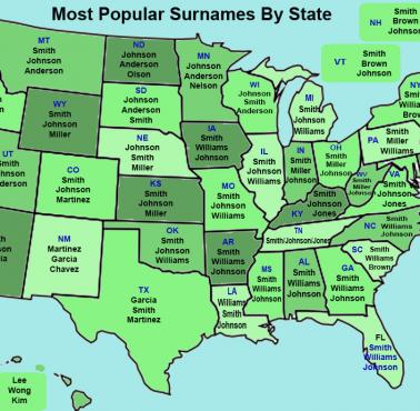 Najpopularniejsze nazwiska w poszczególnych stanach USA