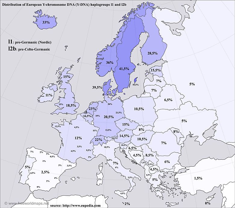 Przybliżone rozmieszczenie haplogrup przedgermańskich l1 i l2b Y-DNA 