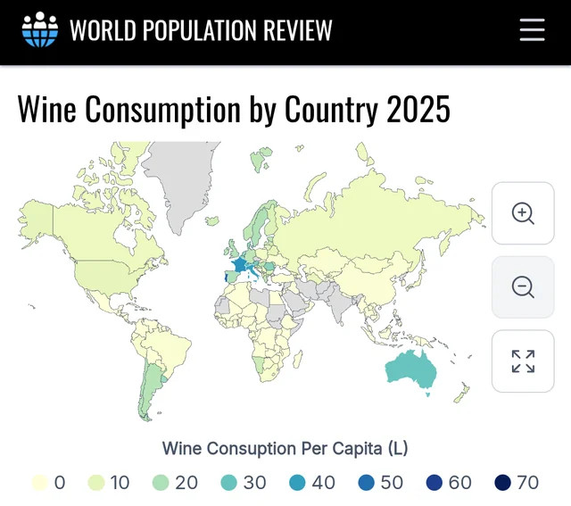 Ilość wypitego wina na osobę na świecie, 2025
