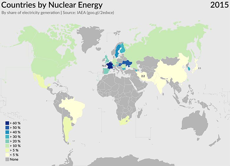 Kraje z największym udziałem produkcji energii pochodzącej z reaktorów jądrowych, 2015
