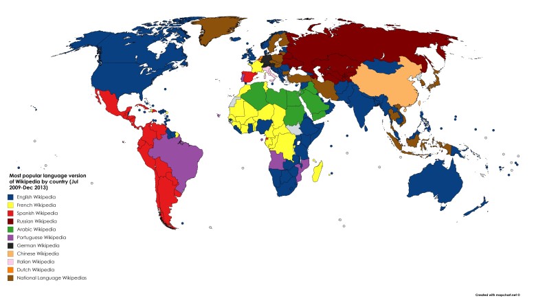 Najpopularniejsza wersja językowa Wikipedii w poszczególnych krajach świata (dane lipiec 2009 - grudzień 2013)