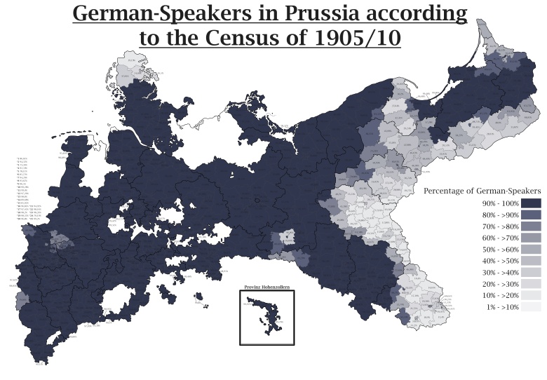 Niemieckojęzyczni mieszkańców Prus według danych spisowych z 1905 i 1910 r.