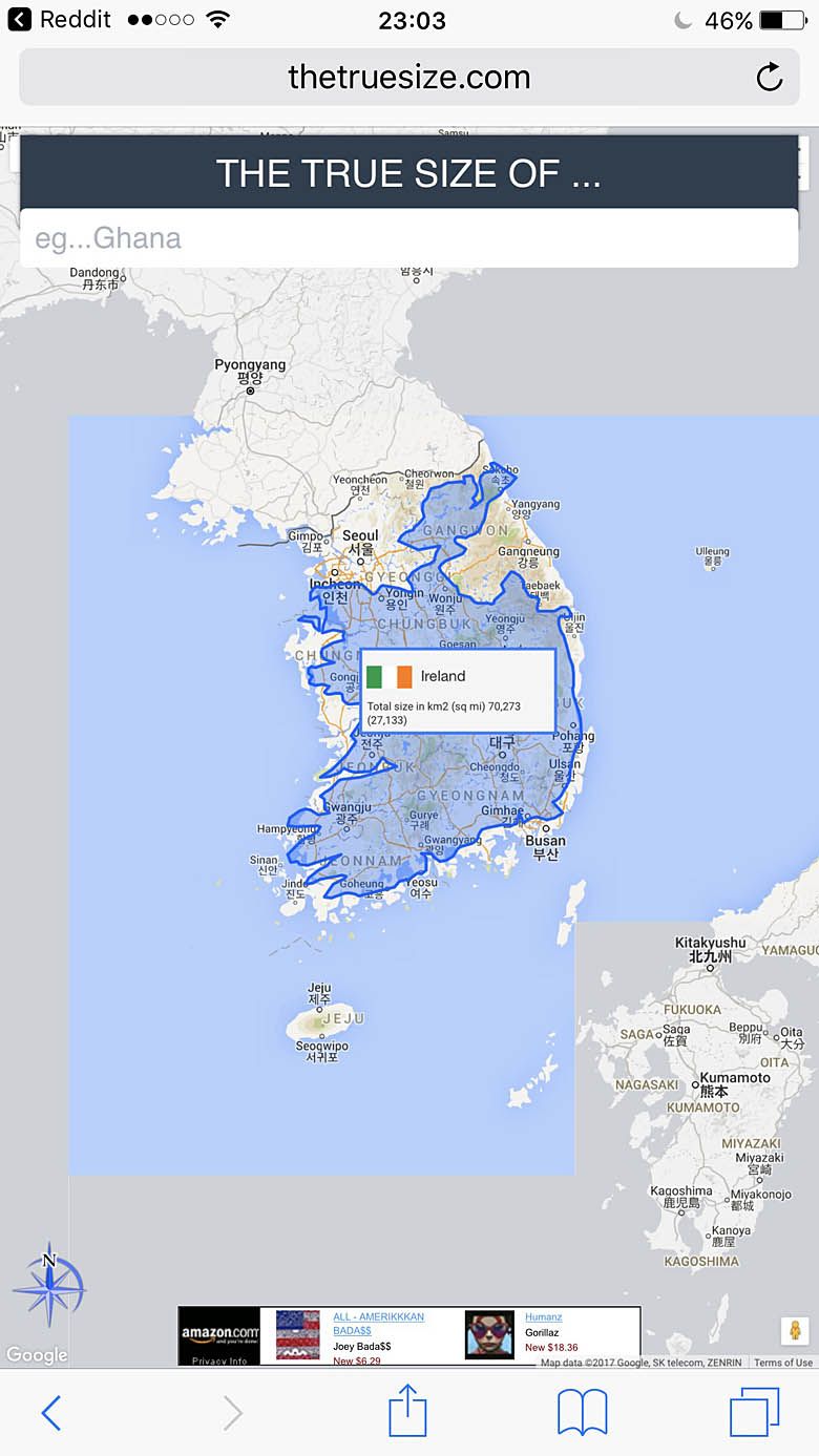 Porównanie wielkości Irlandii i Korei Południowej