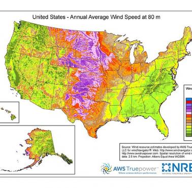 Średnia prędkość wiatru w USA (m/s na wysokości 80 m) 