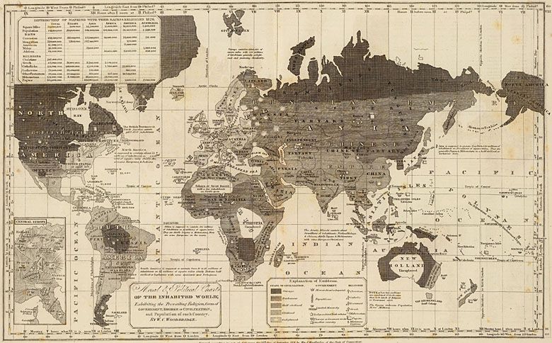 Mapa świata z 1821 roku z podziałem na rasy i religie