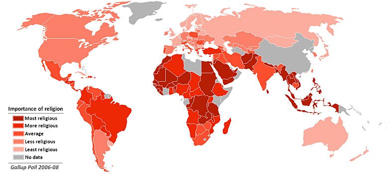 Jak ważna jest religia w poszczególnych państwach świata (badania Gallupa w latach 2006-8)