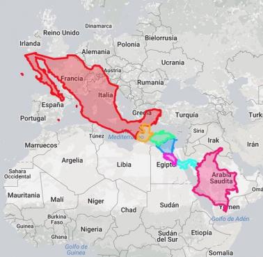 Meksyk i Kolumbia na tle mapy Europy