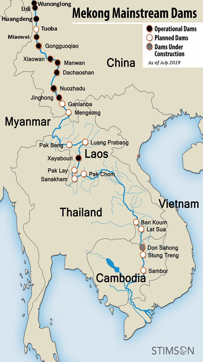 Mapa głównych zapór na Mekongu