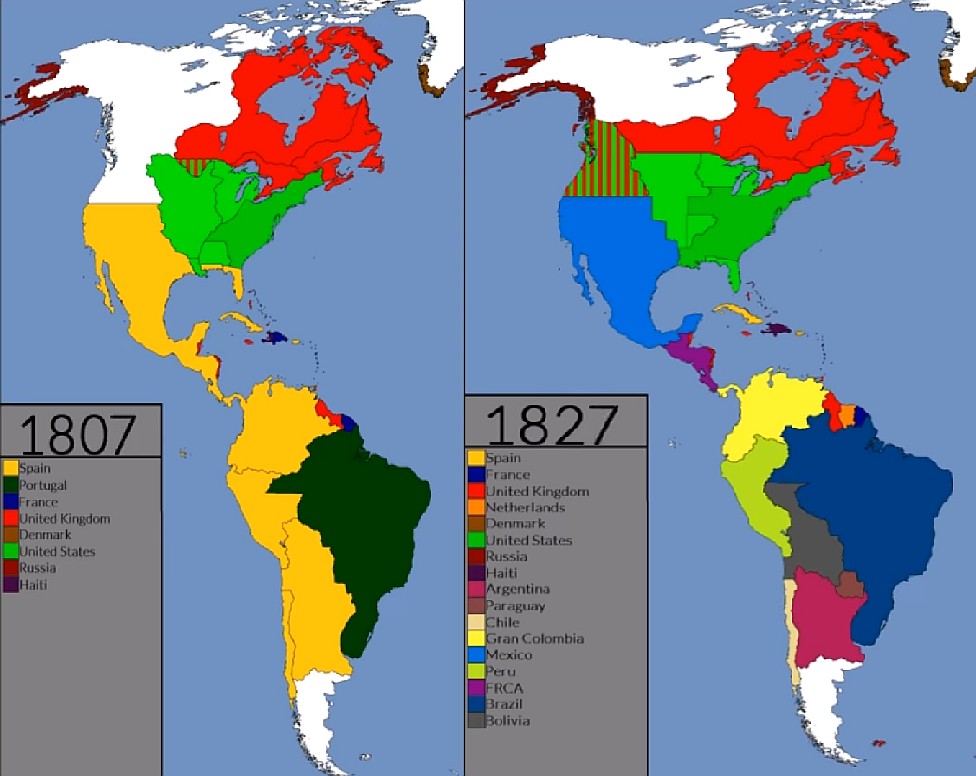 Mapa polityczna obu Ameryk w 1807 i 1827 roku