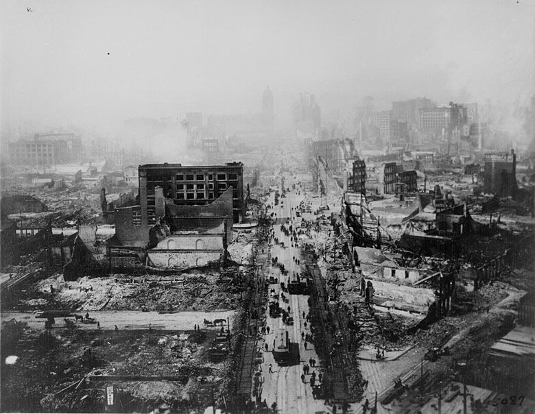 Spustoszone w wyniku trzęsienia ziemi centrum San Francisco w 1906 roku