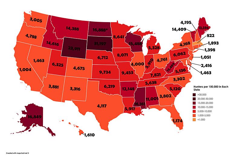 Liczba myśliwych w poszczególnych stanach USA na 100 tys. mieszkańców
