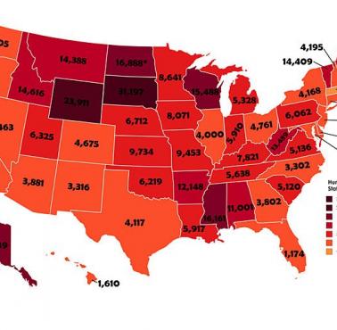 Liczba myśliwych w poszczególnych stanach USA na 100 tys. mieszkańców